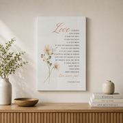 1 Corinthians 13 4 8 Love Is Patient Love Is Kind Love Never Fails Bible Verse Wall Art, Modern Christian Floral Minimalist Poster Wall Art, Modern Wall Decor, 12x18 UNFRAMED - Format: Stretched Canvas