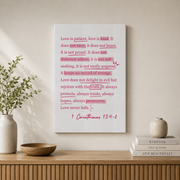 1 Corinthians 13 Pink Christian Wall Art, Love Is Patient Scripture Poster - Format: Stretched Canvas