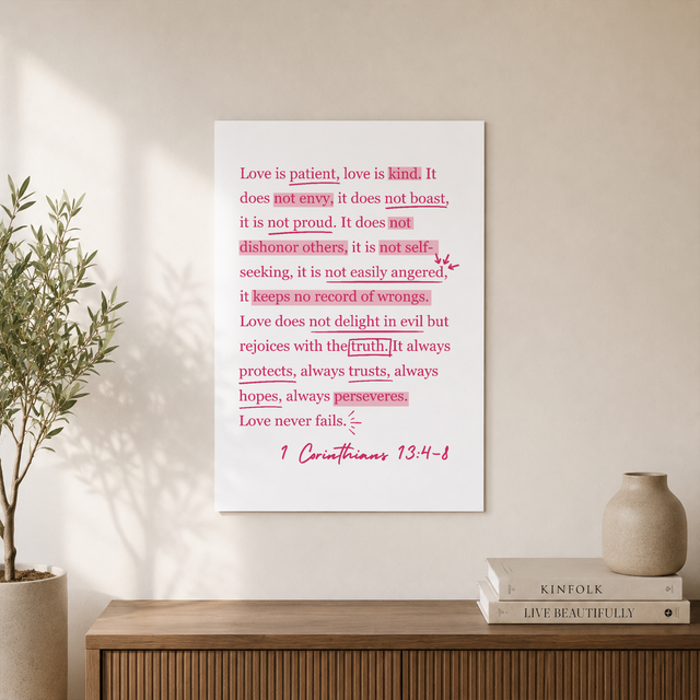 1 Corinthians 13 Pink Christian Wall Art, Love Is Patient Scripture Poster - Format: Unframed Paper Poster
