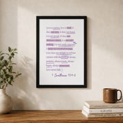 1 Corinthians 13 Purple Christian Wall Art, Love Is Patient Bible Verse Poster - Format: Black Framed Poster