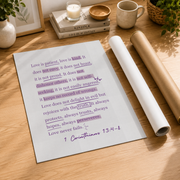 1 Corinthians 13 Purple Christian Wall Art, Love Is Patient Bible Verse Poster - Format: Rolled Canvas