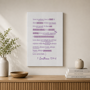1 Corinthians 13 Purple Christian Wall Art, Love Is Patient Bible Verse Poster - Format: Stretched Canvas