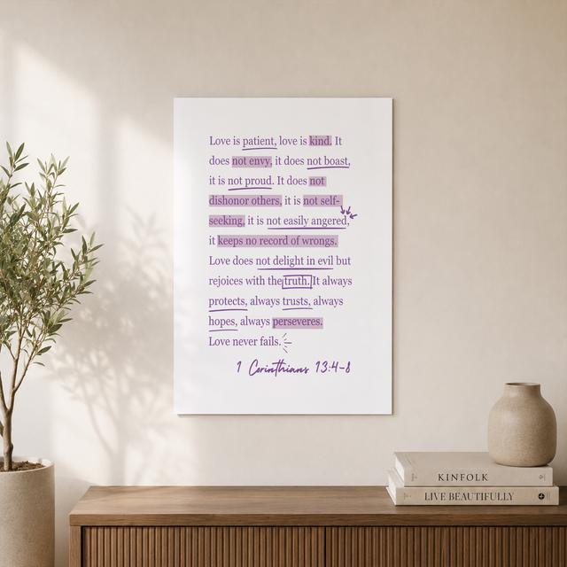 1 Corinthians 13 Purple Christian Wall Art, Love Is Patient Bible Verse Poster - Format: Unframed Paper Poster