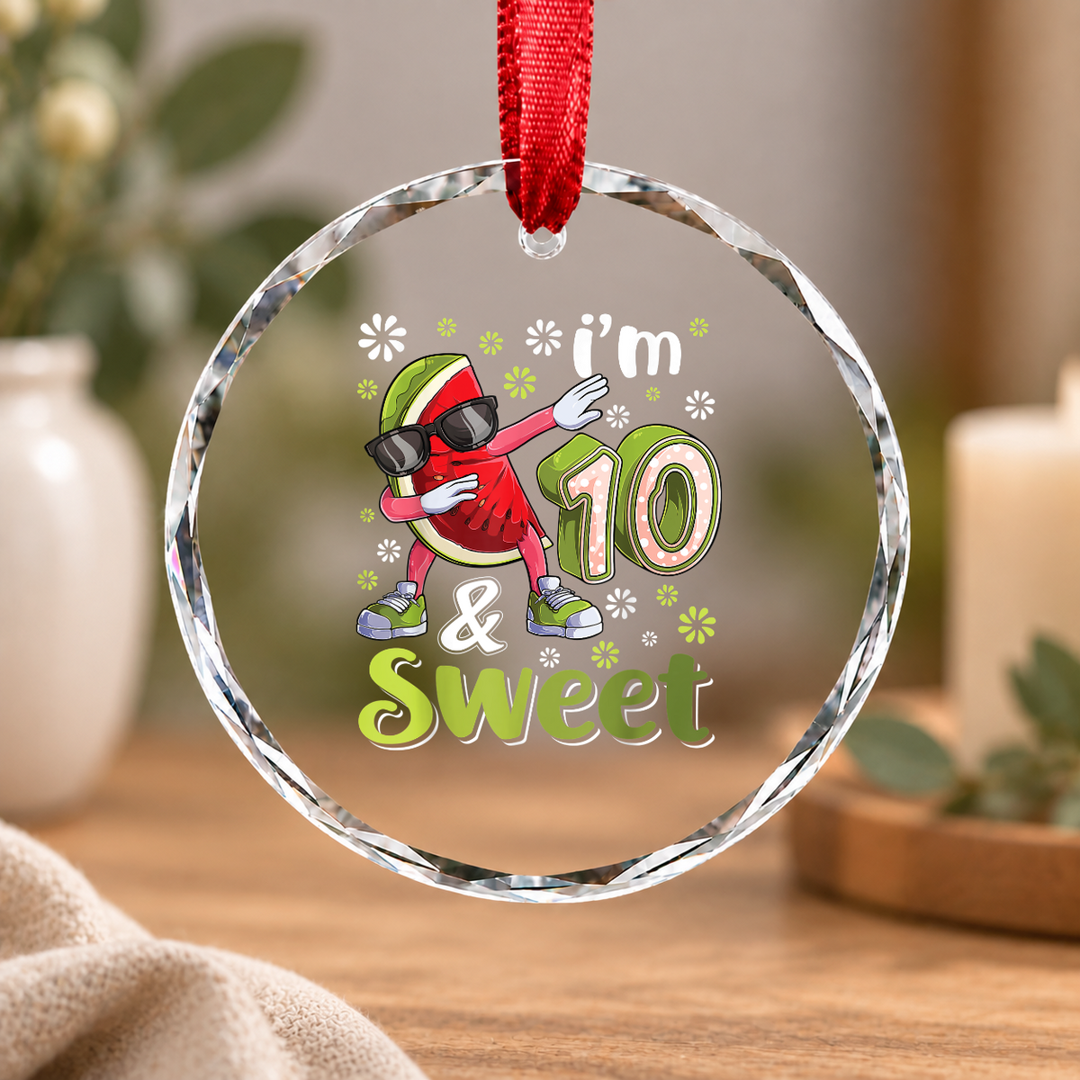 10th Birthday Watermelon Party Theme Gift For Kids Glass Ornament - Material: Circle Glass Ornament