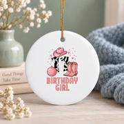 11th Birthday Cow Pattern Cowgirl Birthday Gift Glass Ornament - Material: Circle Ceramic Ornament