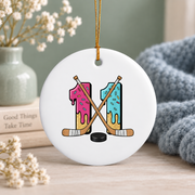 11th Birthday Hockey Ice Cream Drip Party Gift Glass Ornament - Material: Circle Ceramic Ornament