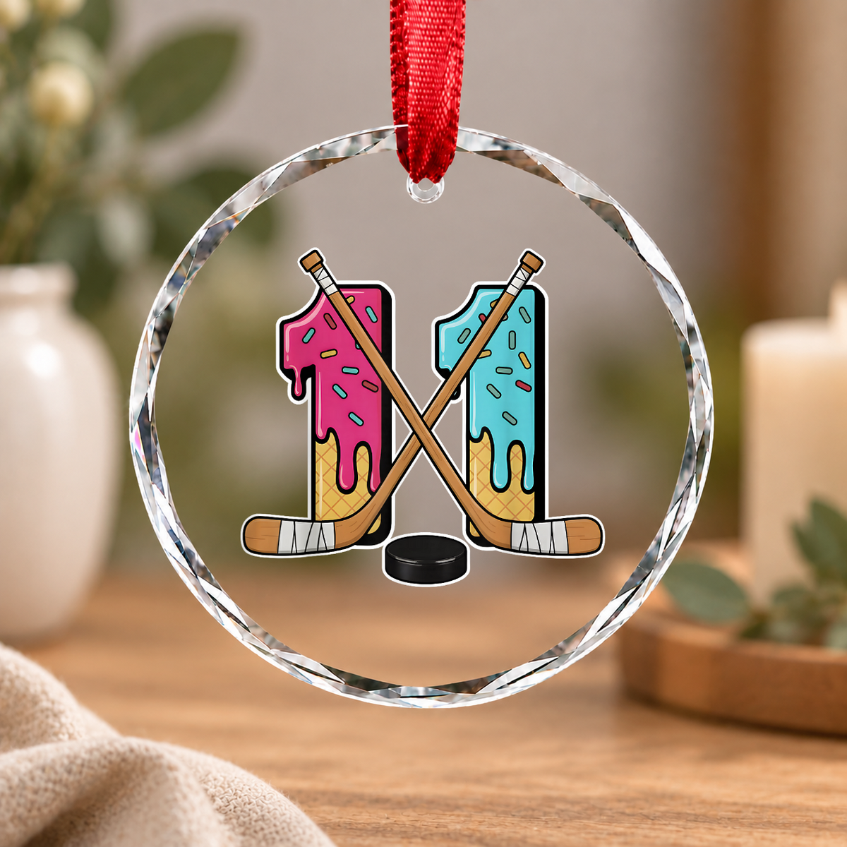 11th Birthday Hockey Ice Cream Drip Party Gift Glass Ornament - Material: Circle Glass Ornament