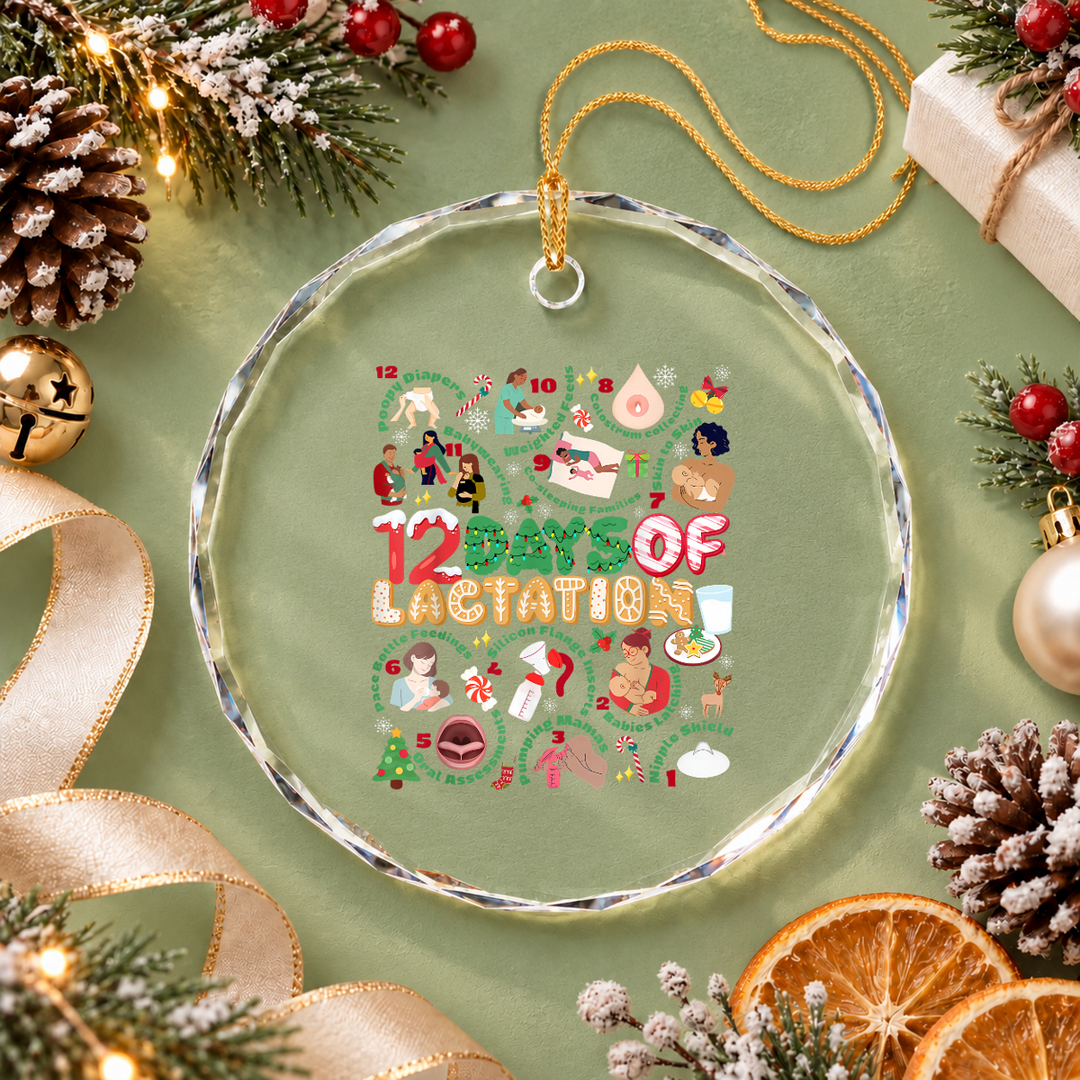 12 Days IBCLC Lactation Consultant Christmas Glass Ornament - Material: Circle Glass Ornament