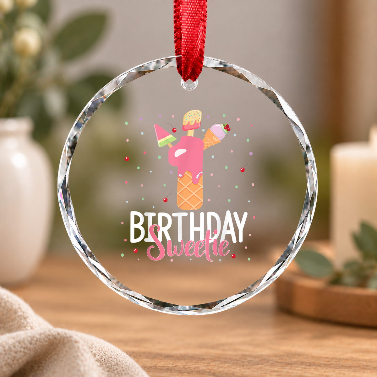 1st Birthday Sweet Ice Cream Celebration Keepsake Glass Ornament - Material: Circle Glass Ornament