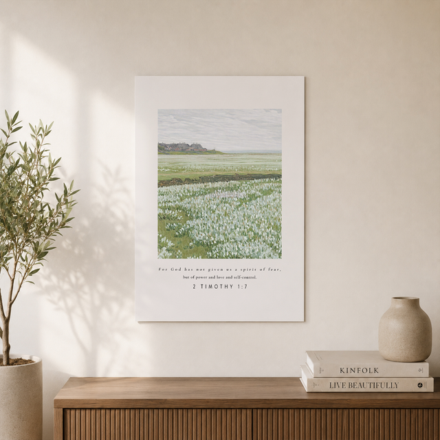 2 Timothy 1:7 Christian Wall Art, Floral Landscape Bible Verse Poster - Format: Unframed Paper Poster