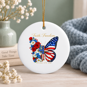 250 Years America Faith Cross Butterfly Glass Ornament - Material: Circle Ceramic Ornament