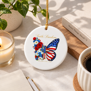 250 Years America Faith Cross Butterfly Glass Ornament - Material: Circle Ceramic Ornament