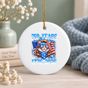 250 Years American 1776 USA Cat Patriotic 4th July Glass Ornament - Material: Circle Ceramic Ornament