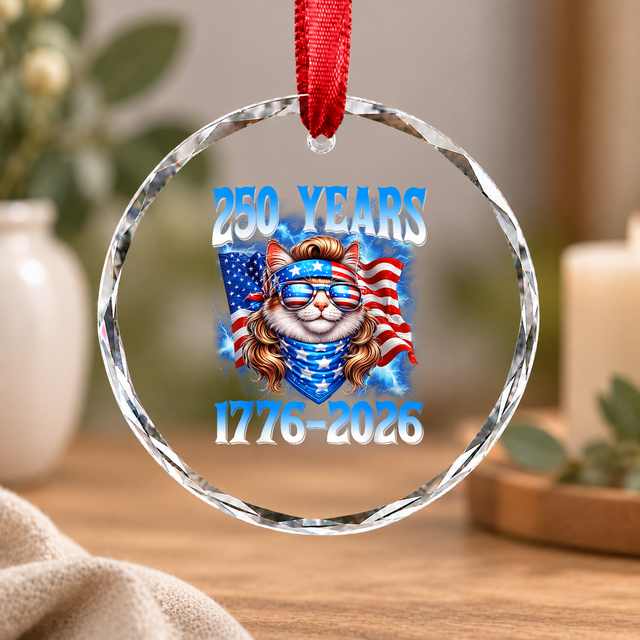 250 Years American 1776 USA Cat Patriotic 4th July Glass Ornament - Material: Circle Glass Ornament