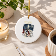 250 Years Christian Cross USA Flag Glass Ornament - Material: Circle Ceramic Ornament