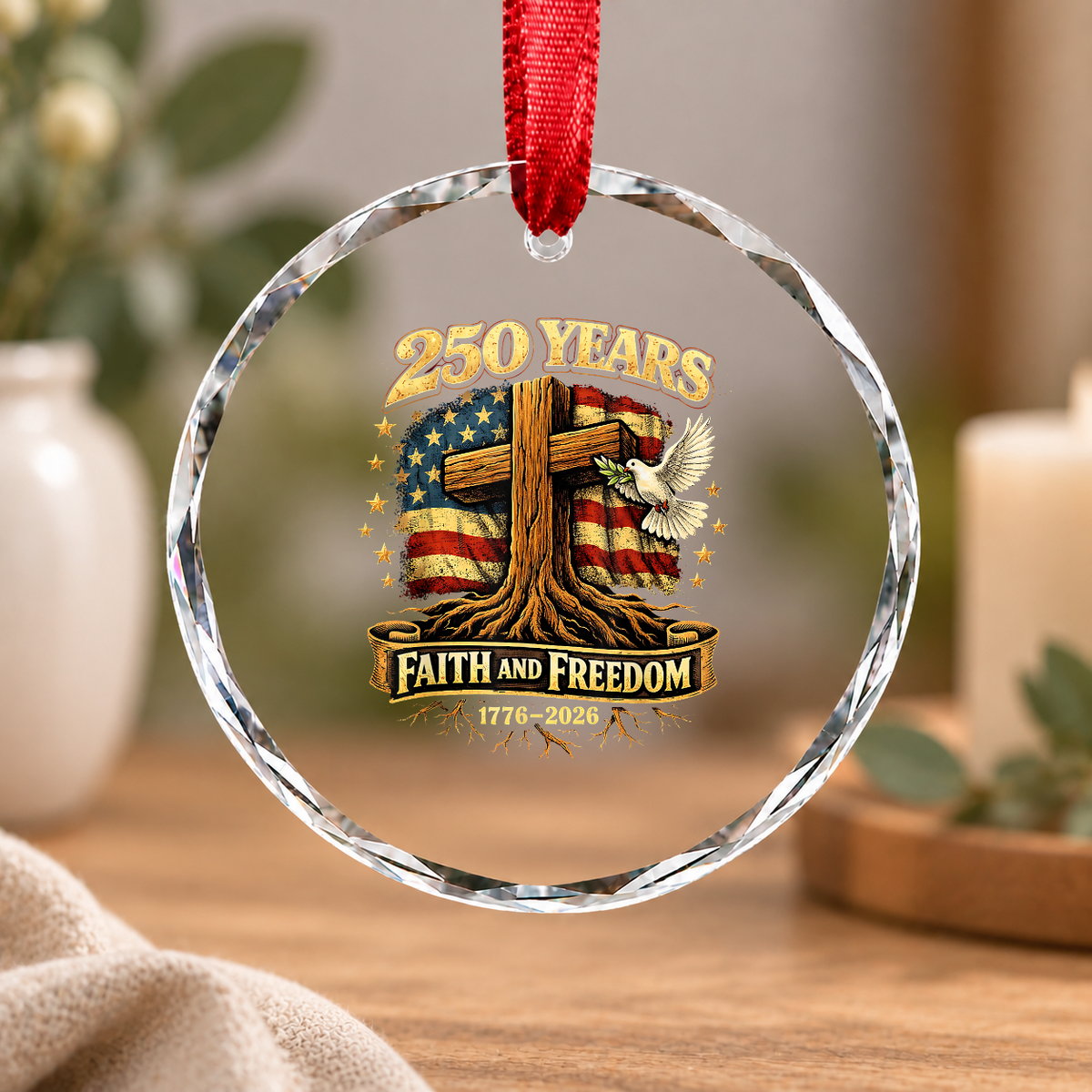 250 Years Faith Freedom Cross Patriotic Glass Ornament - Material: Circle Glass Ornament