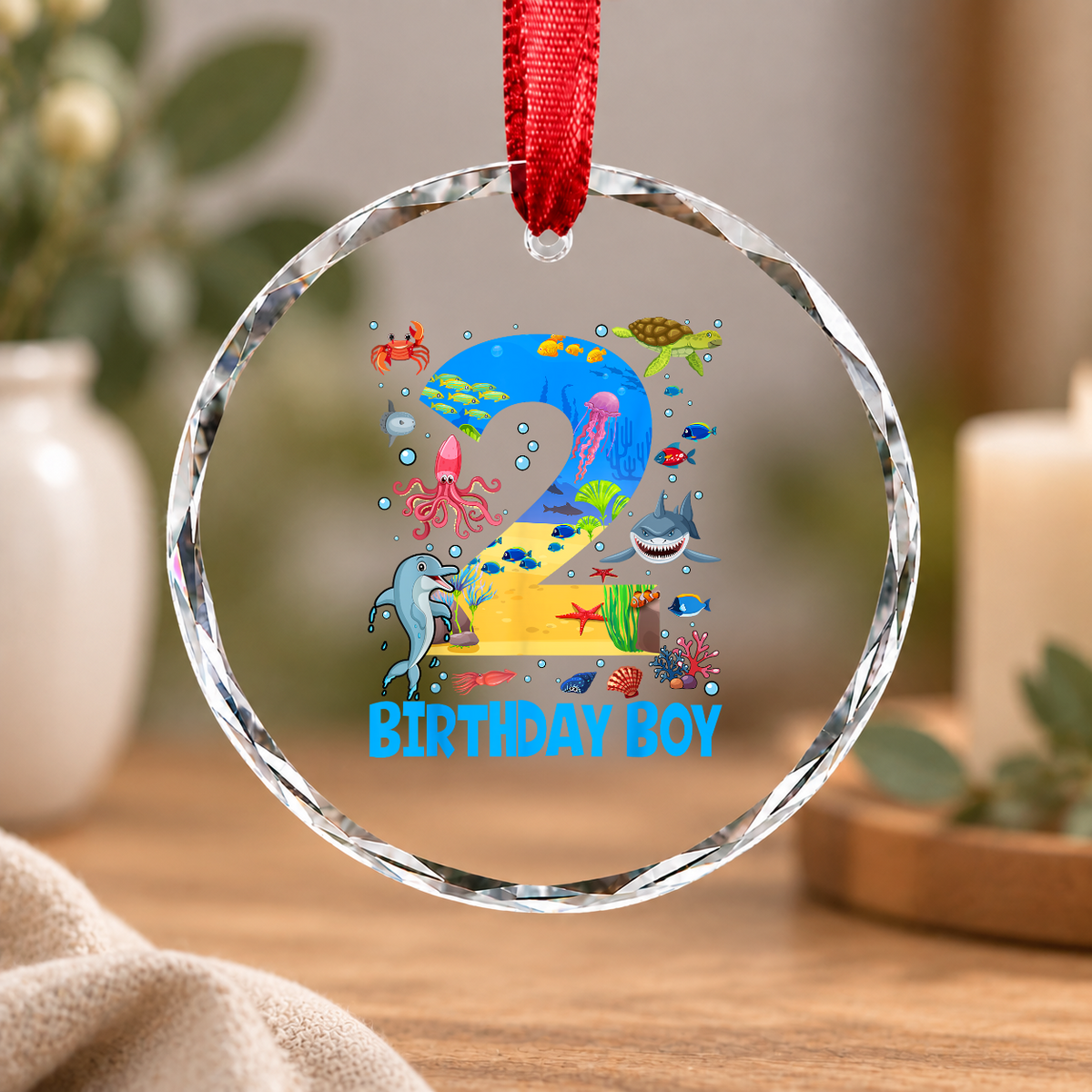 2nd Birthday Ocean Fish Sea Animal Party Gift Glass Ornament - Material: Circle Glass Ornament