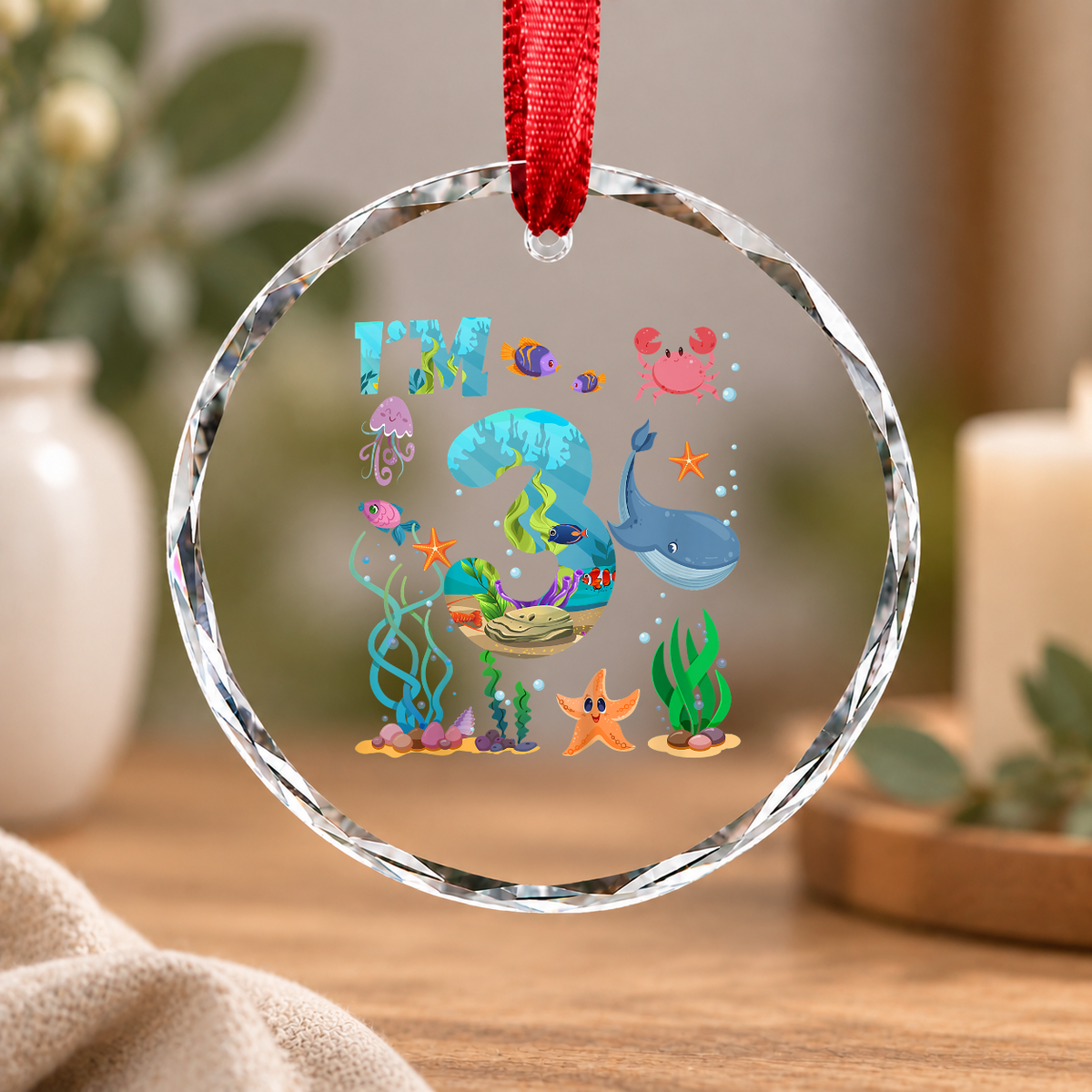 3rd Birthday Sea Animals Ocean Theme Gift Glass Ornament - Material: Circle Glass Ornament