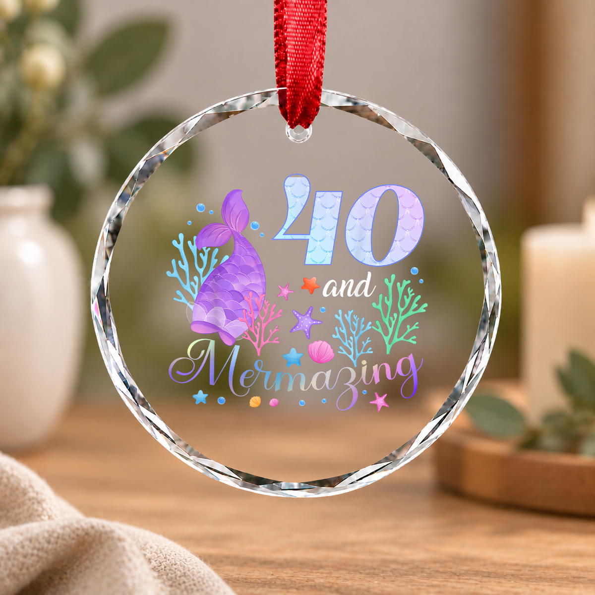 40th Birthday Mermaid Crew Celebration Keepsake Glass Ornament - Material: Circle Glass Ornament