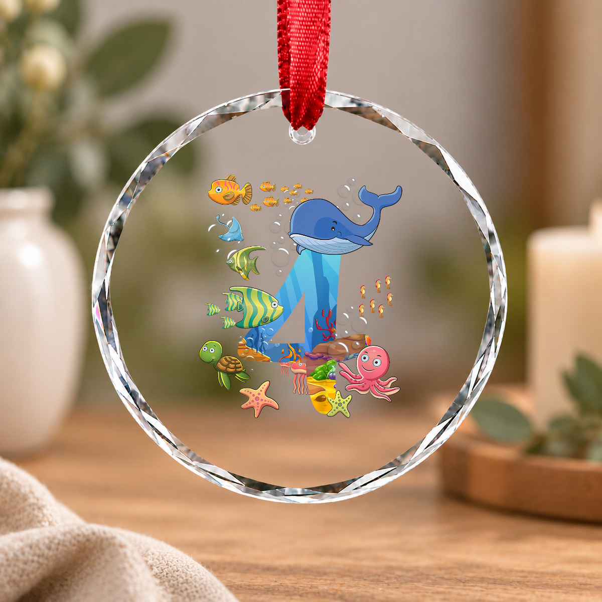 4th Birthday Sea Fish Ocean Animal Keepsake Glass Ornament - Material: Circle Glass Ornament