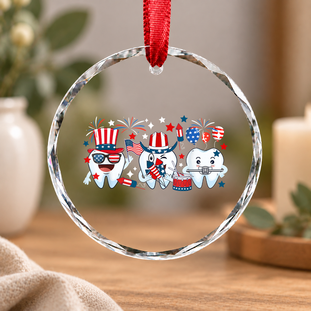 4th July Dental Squad Tooth Patriotic Gift Decoration Glass Ornament - Material: Circle Glass Ornament