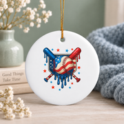 4th Of July Baseball American Flag Patriotic Gift Glass Ornament - Material: Circle Ceramic Ornament