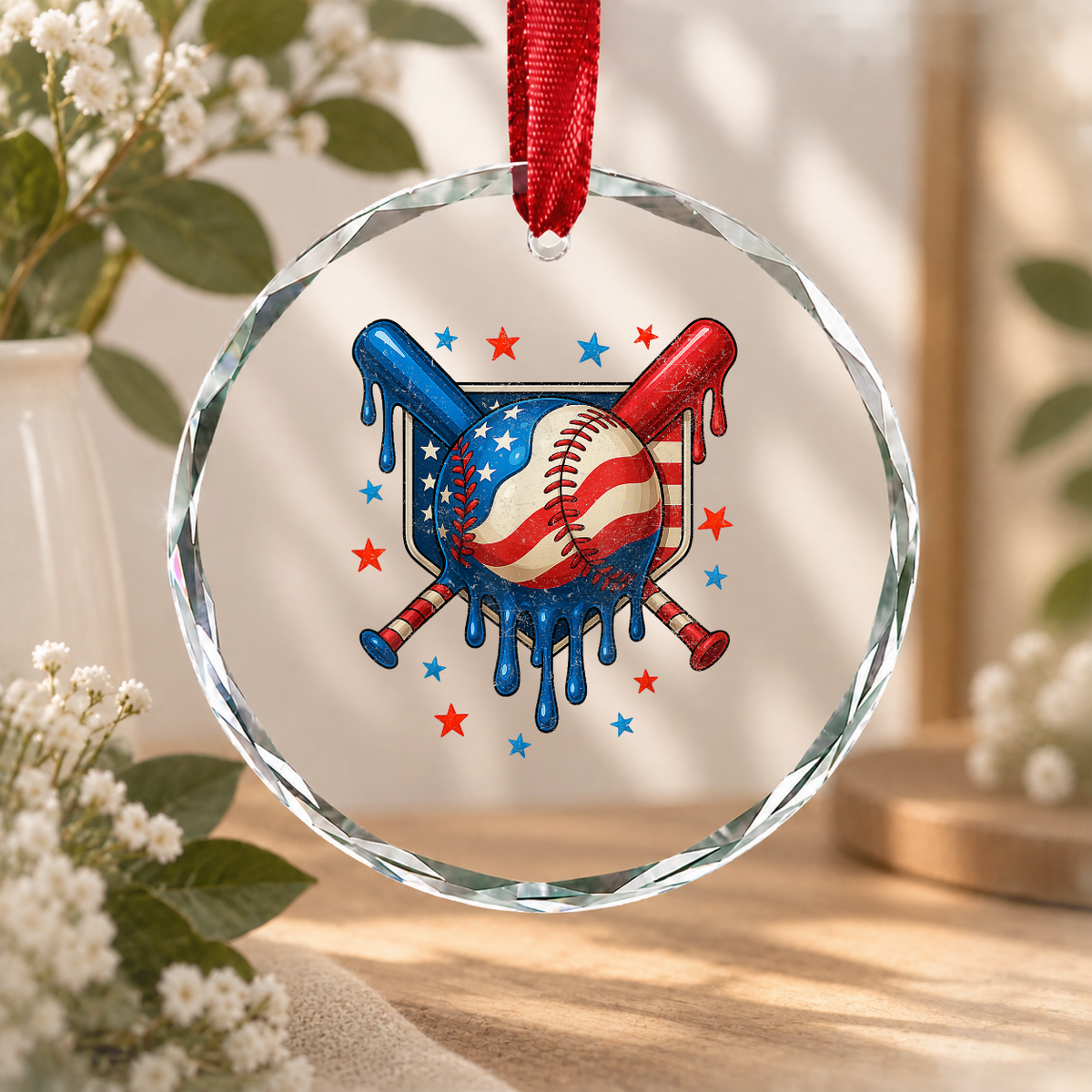 4th Of July Baseball American Flag Patriotic Gift Glass Ornament - Material: Circle Glass Ornament