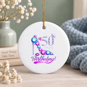 50th Birthday Party Gems High Heel Celebration Glass Ornament - Material: Circle Ceramic Ornament