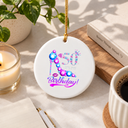 50th Birthday Party Gems High Heel Celebration Glass Ornament - Material: Circle Ceramic Ornament