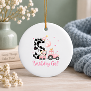 5th Birthday Farm Cow Chick Tractor Celebration Glass Ornament - Material: Circle Ceramic Ornament