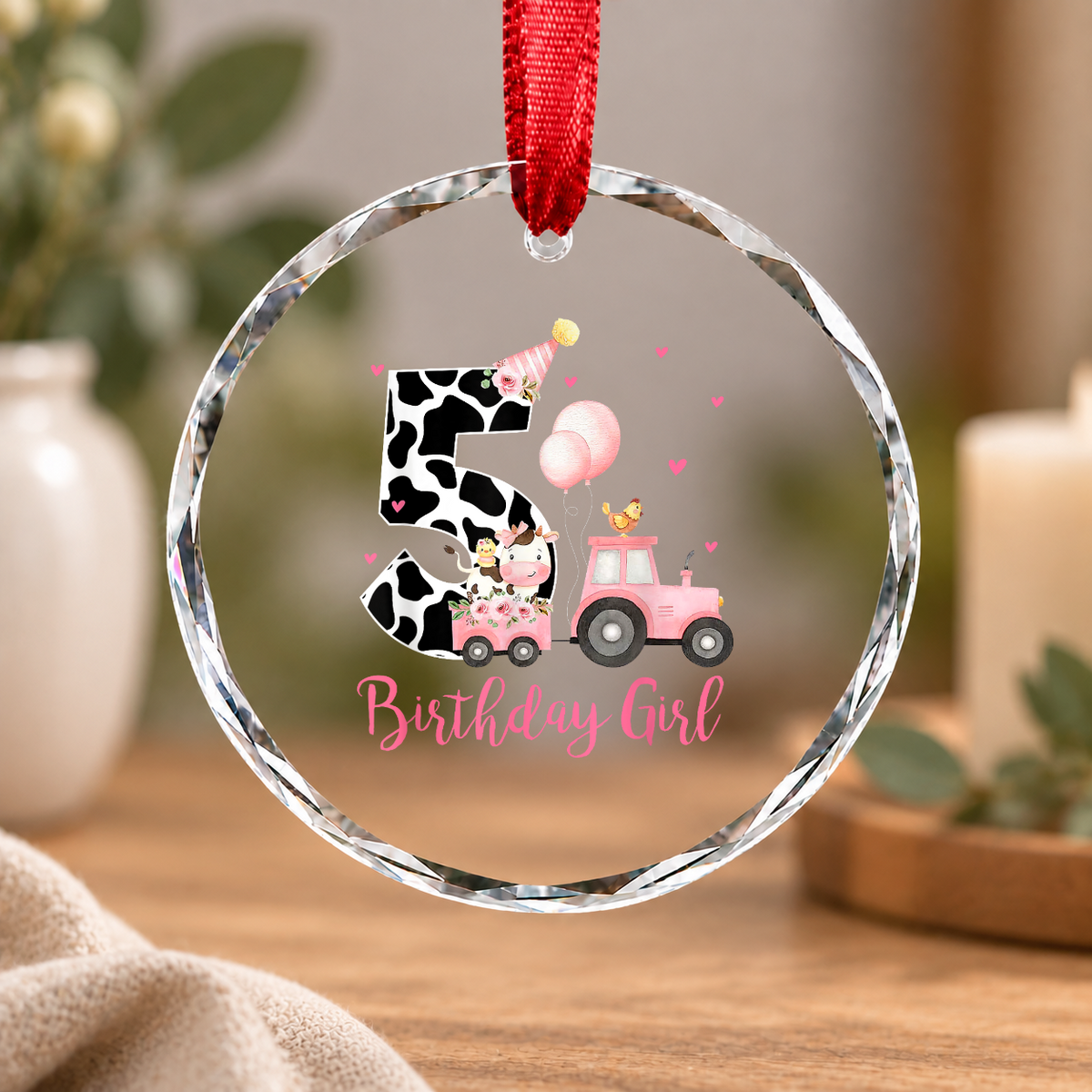 5th Birthday Farm Cow Chick Tractor Celebration Glass Ornament - Material: Circle Glass Ornament