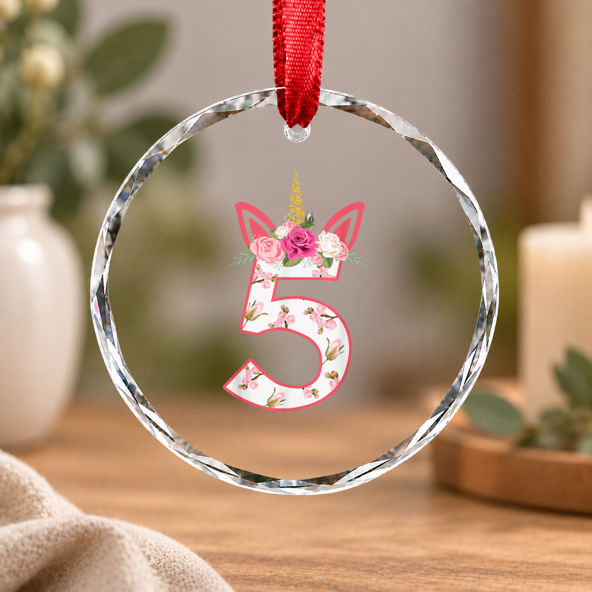 5th Birthday Princess Unicorn Floral Party Gift Glass Ornament - Material: Circle Glass Ornament