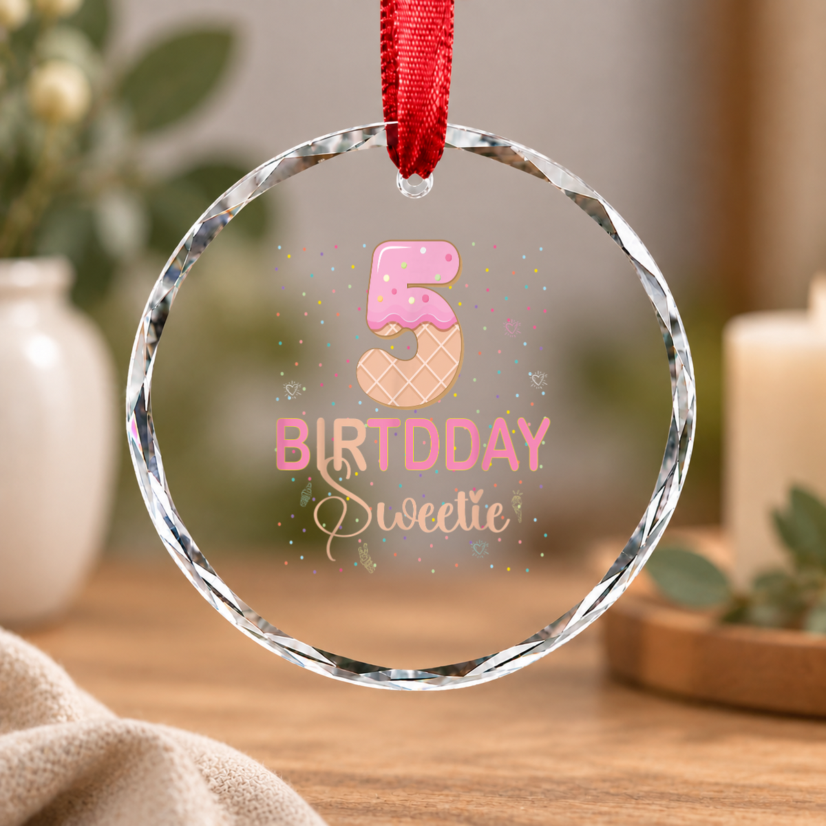 5th Birthday Sweet Ice Cream Party Gift Glass Ornament - Material: Circle Glass Ornament