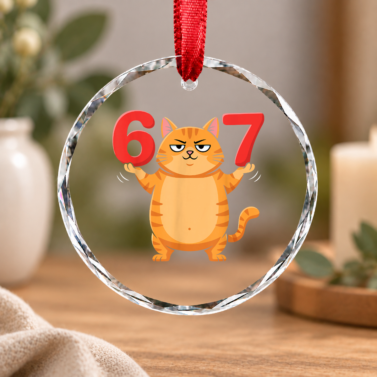 67 Funny Cat Six Seven Meme Humor Animal Lover Glass Ornament - Material: Circle Glass Ornament