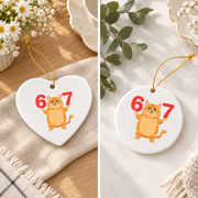 67 Funny Cat Six Seven Meme Humor Animal Lover Glass Ornament - Material: Heart Ceramic Ornament