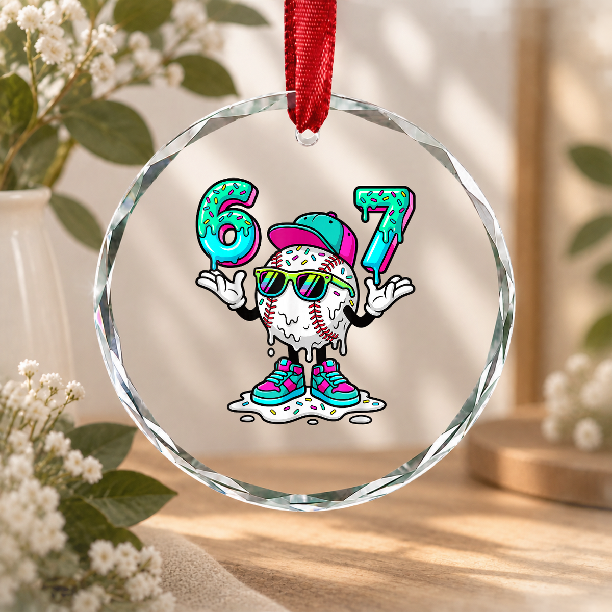 67 Six Seven Baseball Ice Cream Drip Design Glass Ornament - Material: Circle Glass Ornament