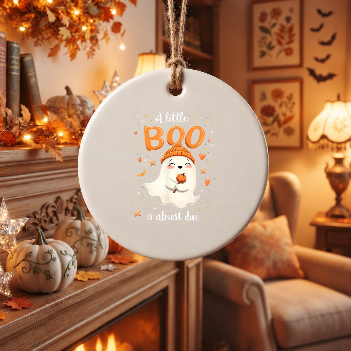 A Little Boo Is Almost Due Baby Shower Ornament Glass Ornament - Material: Circle Ceramic Ornament