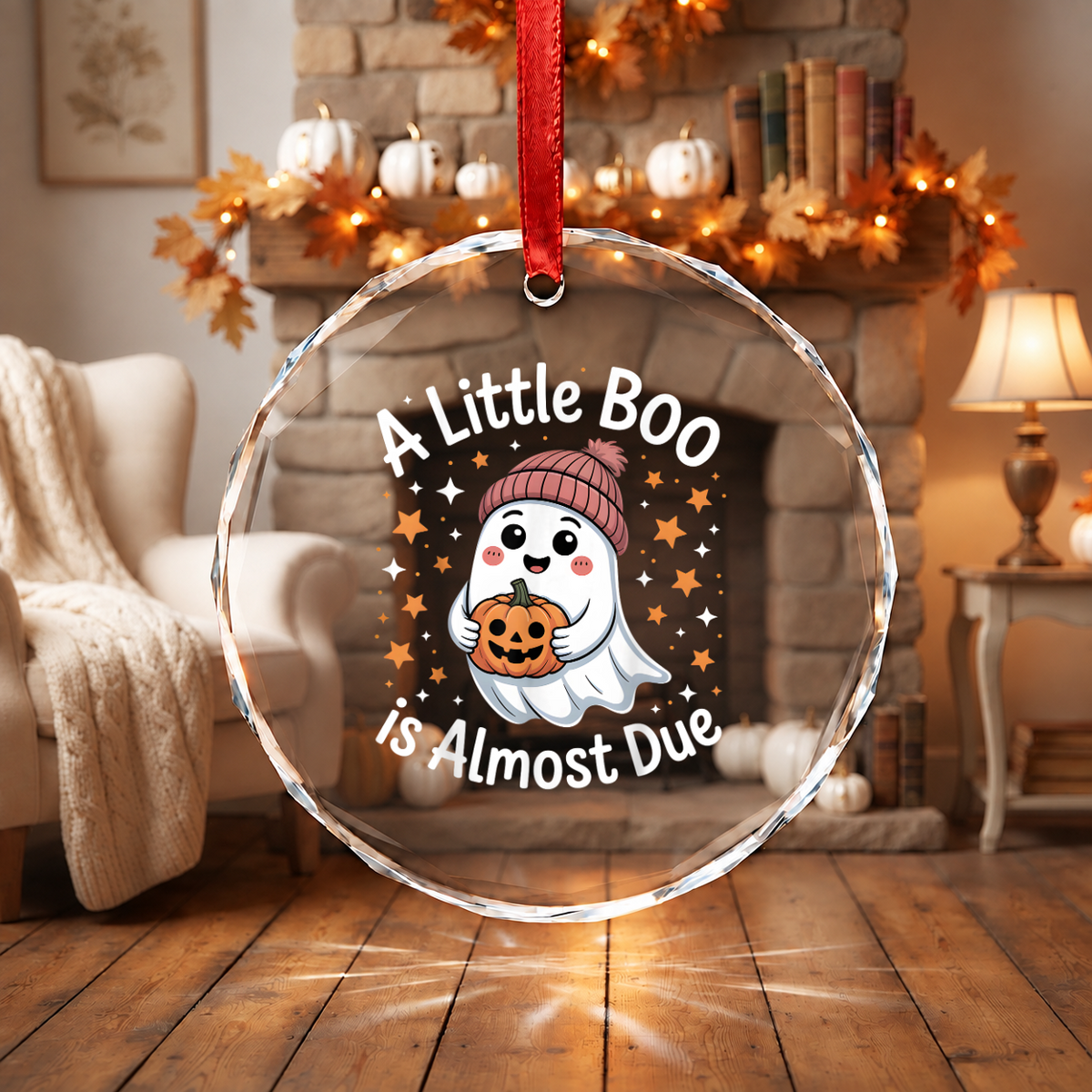 A Little Boo Is Almost Due Ghost Pumpkin Ornament Glass Ornament - Material: Circle Glass Ornament