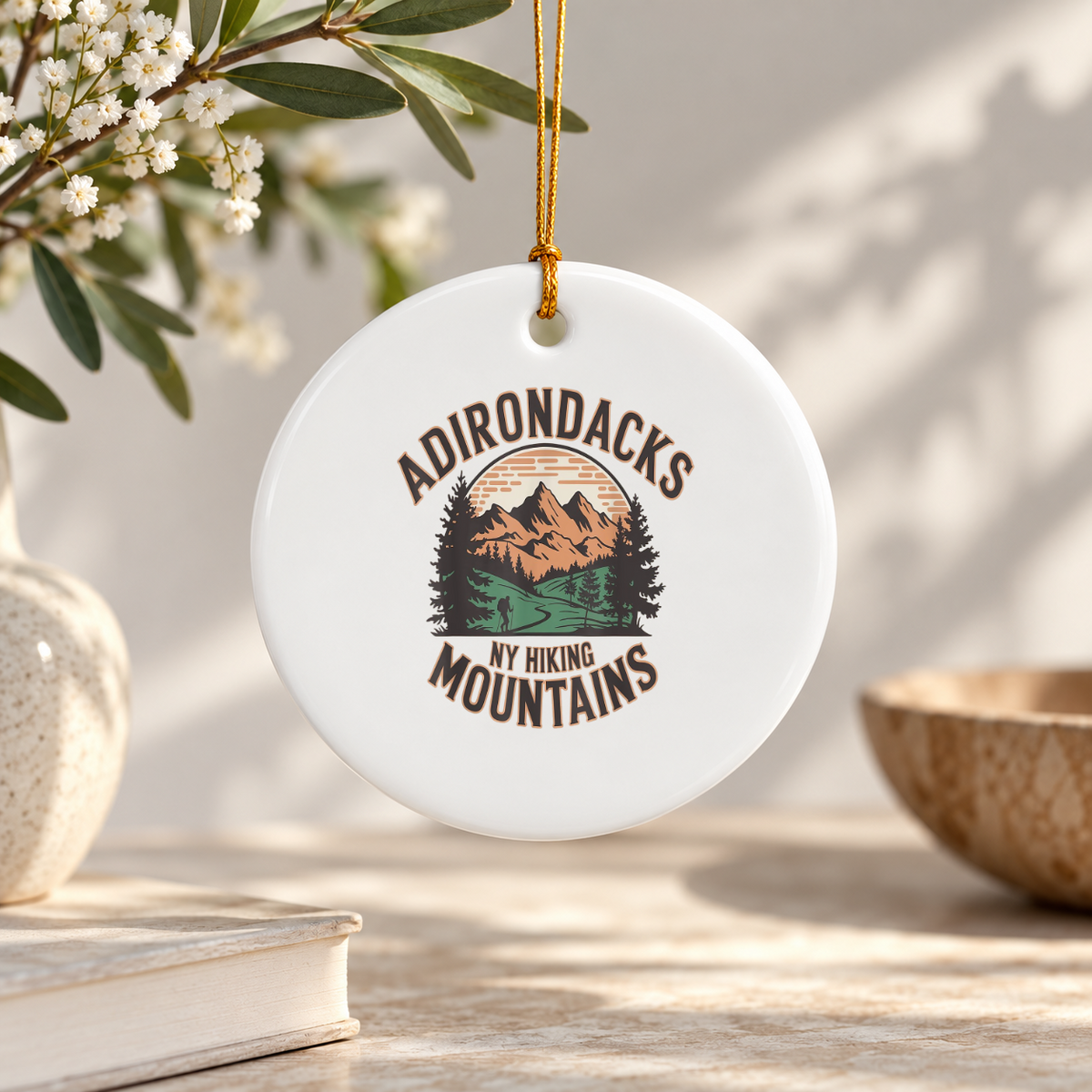 Adirondacks Mountain Hiking Nature Lover Ceramic Ornament - Material: Circle Ceramic Ornament