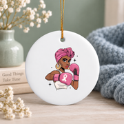 African American Breast Cancer Pink Ribbon Glass Ornament - Material: Circle Ceramic Ornament