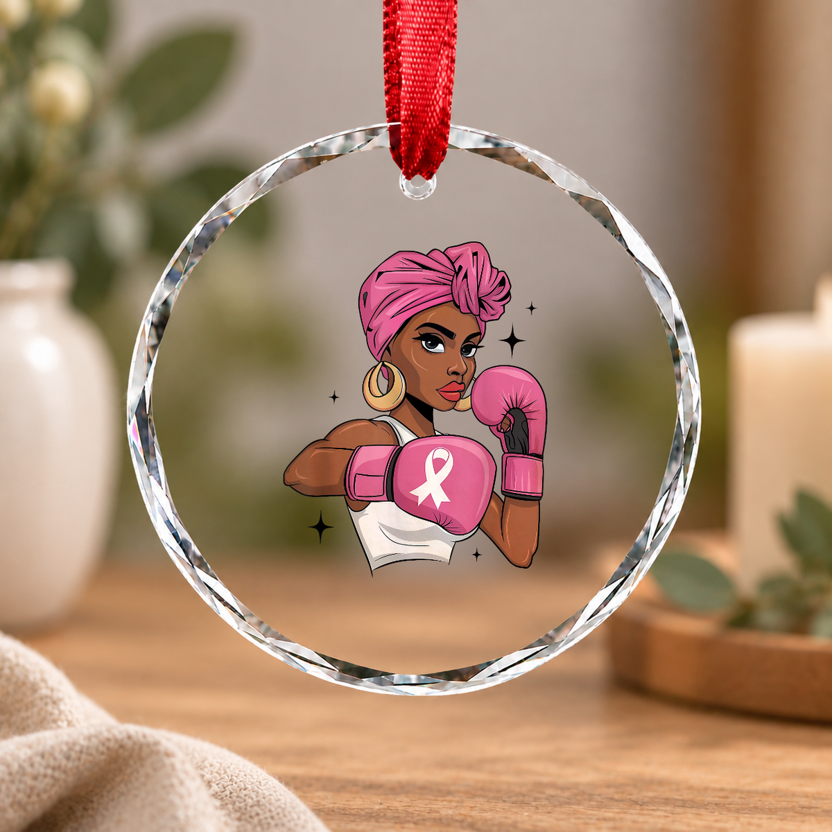 African American Breast Cancer Pink Ribbon Glass Ornament - Material: Circle Glass Ornament