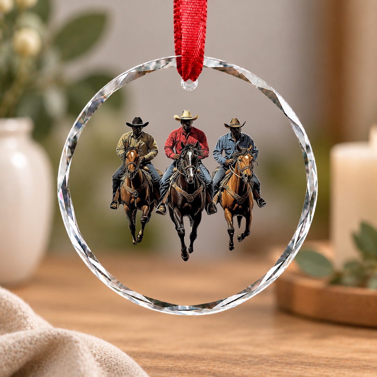 African American Cowboy Western Rodeo Style Glass Ornament - Material: Circle Glass Ornament