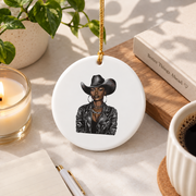 African American Cowgirl Rodeo Graphic Keepsake Glass Ornament - Material: Circle Ceramic Ornament