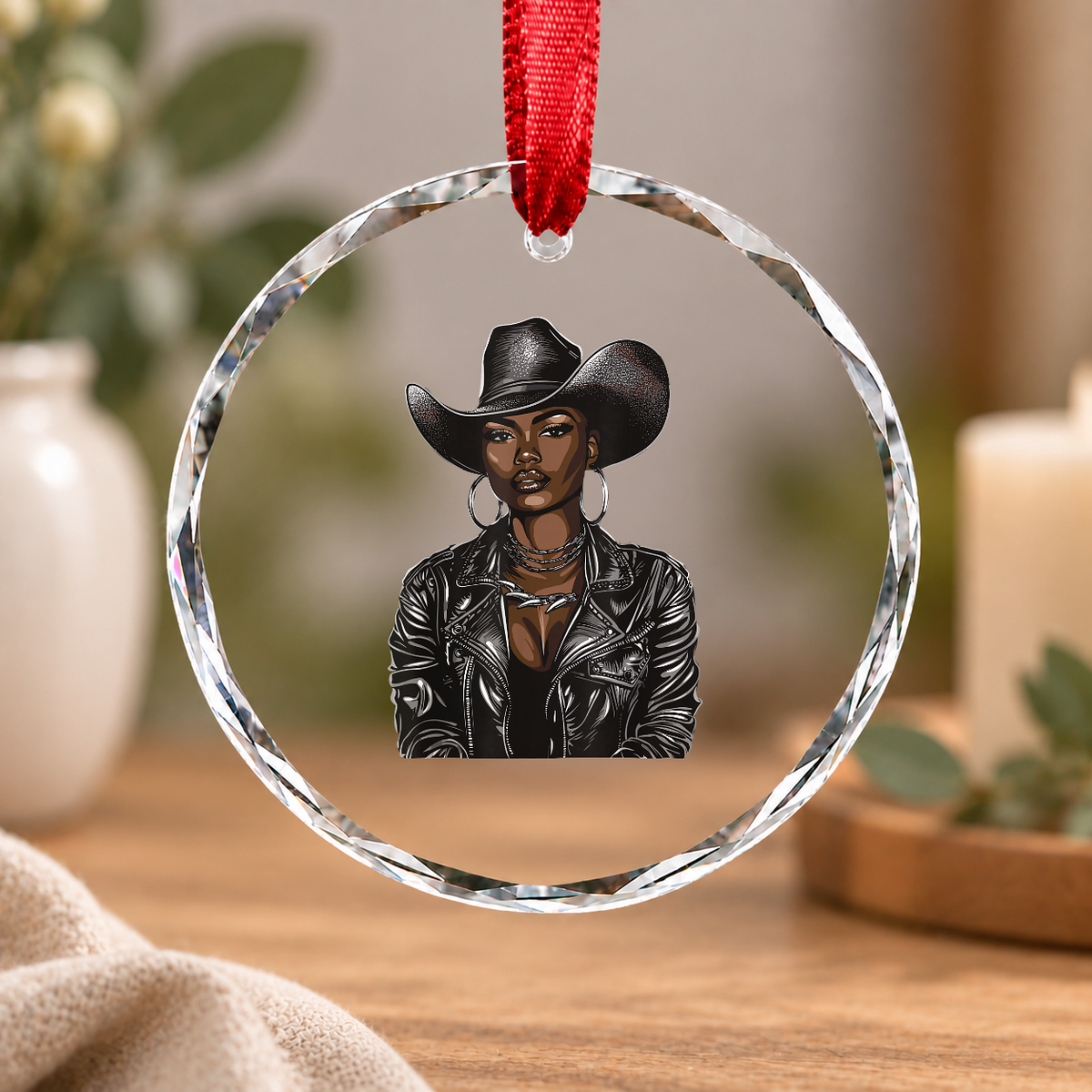 African American Cowgirl Rodeo Graphic Keepsake Glass Ornament - Material: Circle Glass Ornament