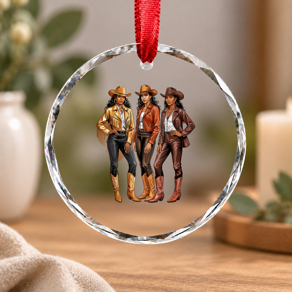 African American Cowgirl Texas Rodeo Celebration Glass Ornament - Material: Circle Glass Ornament