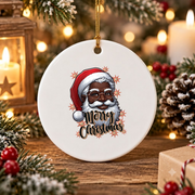 African American Santa Christmas Glass Ornament - Material: Circle Ceramic Ornament
