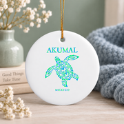 Akumal Mexico Sea Turtle Vacation Souvenir Glass Ornament - Material: Circle Ceramic Ornament