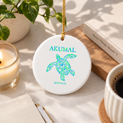 Akumal Mexico Sea Turtle Vacation Souvenir Glass Ornament - Material: Circle Ceramic Ornament