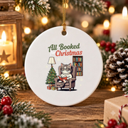 All Booked Christmas Cat Lover Bookish Glass Ornament - Material: Circle Ceramic Ornament