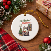 All Booked Christmas Cat Lover Bookish Glass Ornament - Material: Circle Ceramic Ornament